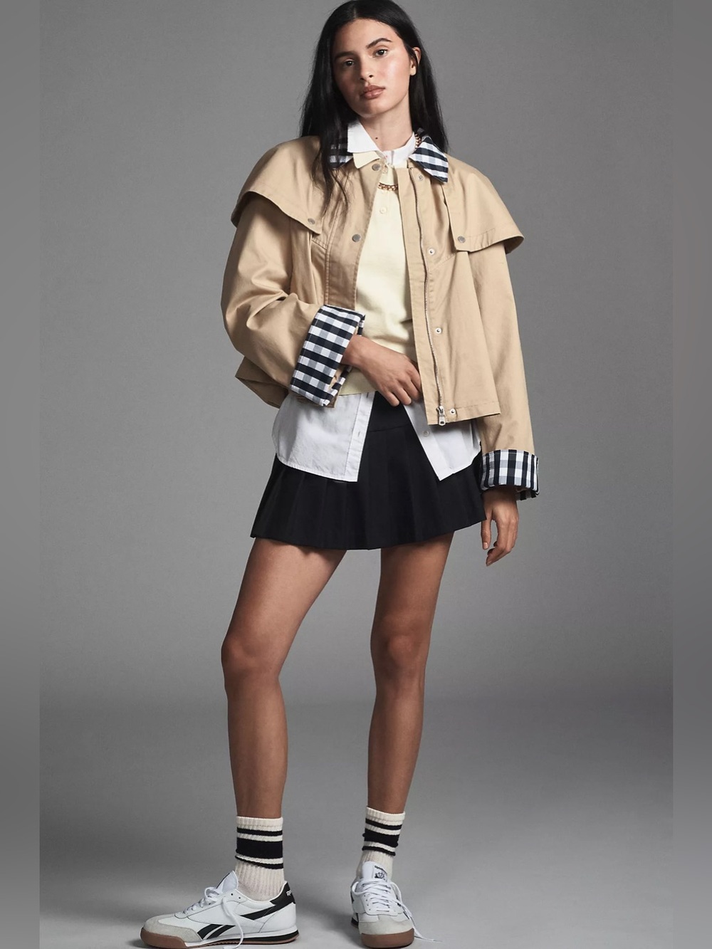 Avec Les Filles Gingham Trim Cape Trench Jacket Khaki Tan XS NWT - Picture 3 of 12